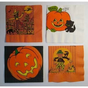 Halloween Vintage Crepe Paper Napkins Scarecrows Black Cat Pumpkin JOL Lot Of 4